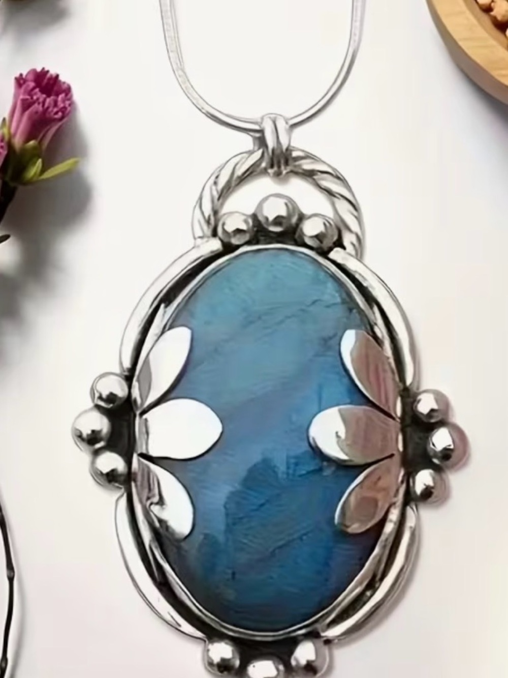 Bohemian Blue Oval Natural Stone Pendant Necklace NWT - Picture 3 of 5